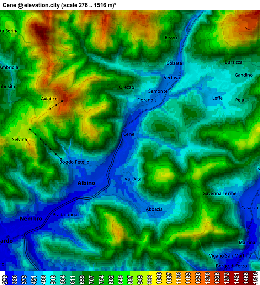 Zoom OUT 2x Cene, Italy elevation map