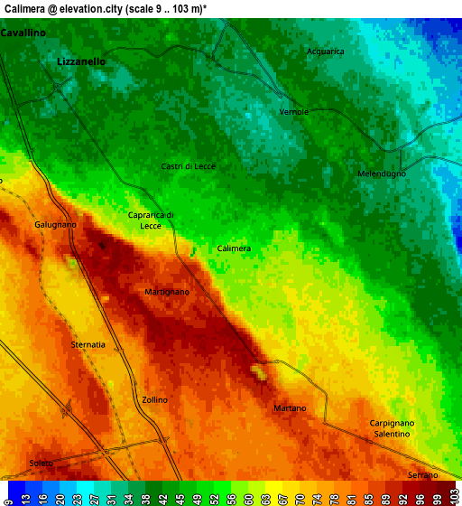 Zoom OUT 2x Calimera, Italy elevation map