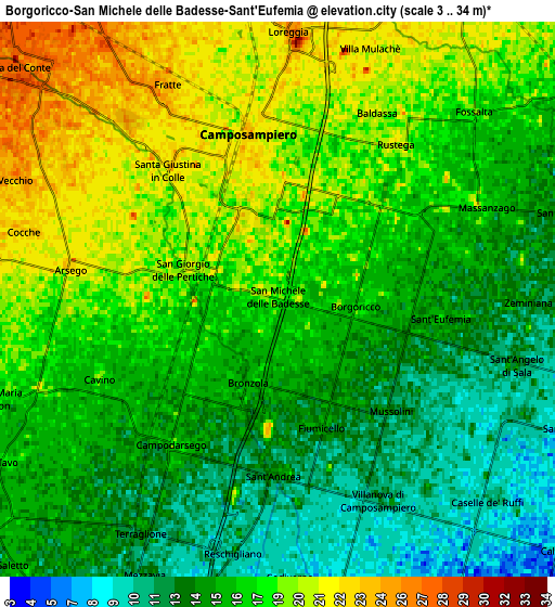 Zoom OUT 2x Borgoricco-San Michele delle Badesse-Sant'Eufemia, Italy elevation map