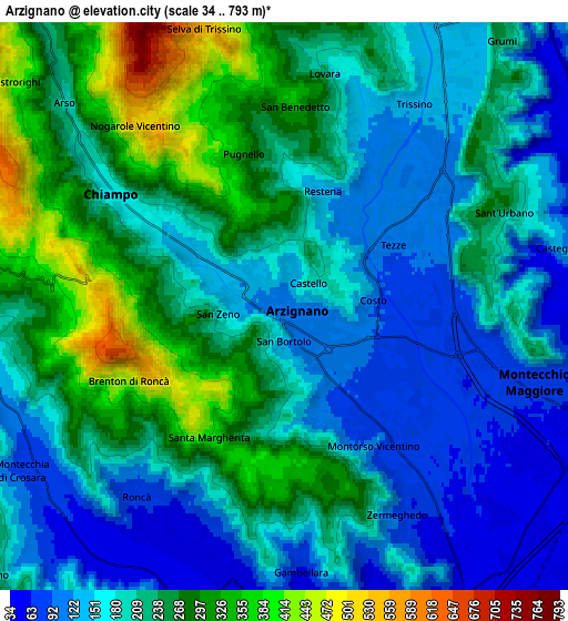 Zoom OUT 2x Arzignano, Italy elevation map