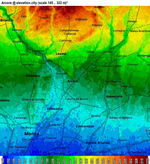 Zoom OUT 2x Arcore, Italy elevation map