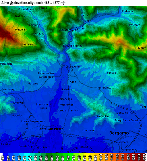 Zoom OUT 2x Almè, Italy elevation map