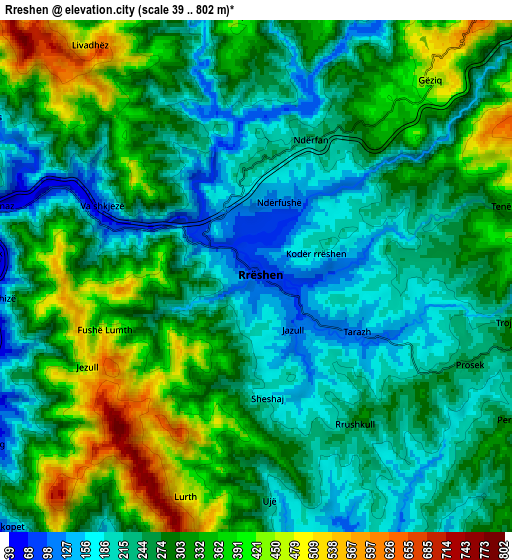Zoom OUT 2x Rrëshen, Albania elevation map