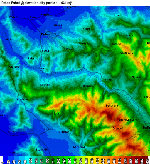 Zoom OUT 2x Patos Fshat, Albania elevation map