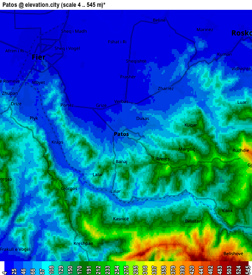 Zoom OUT 2x Patos, Albania elevation map