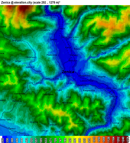 Zoom OUT 2x Zenica, Bosnia and Herzegovina elevation map