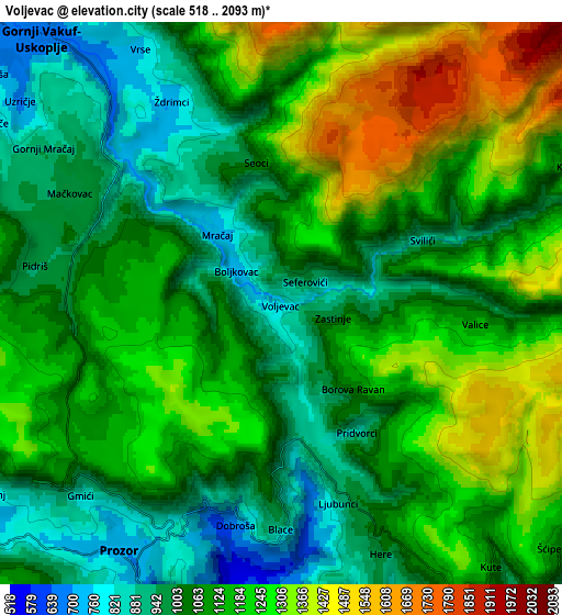 Zoom OUT 2x Voljevac, Bosnia and Herzegovina elevation map