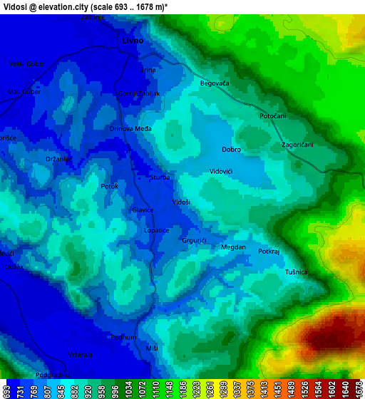 Zoom OUT 2x Vidoši, Bosnia and Herzegovina elevation map