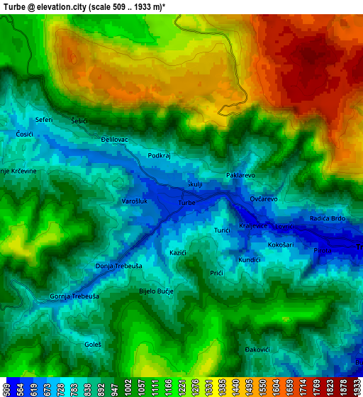 Zoom OUT 2x Turbe, Bosnia and Herzegovina elevation map