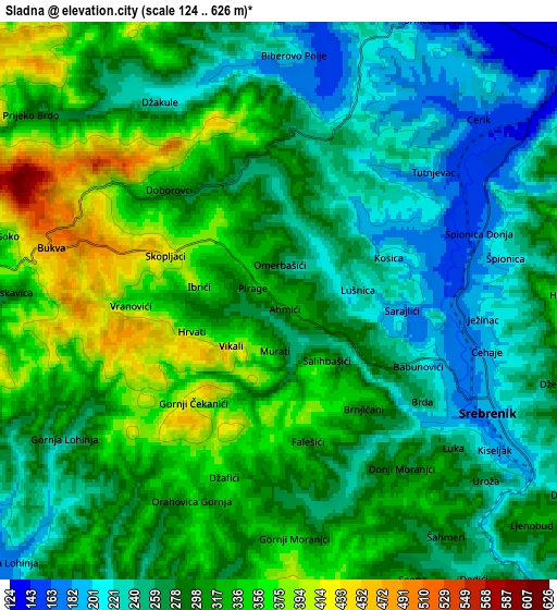 Zoom OUT 2x Sladna, Bosnia and Herzegovina elevation map