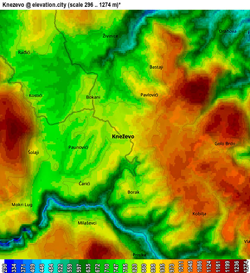Zoom OUT 2x Kneževo, Bosnia and Herzegovina elevation map