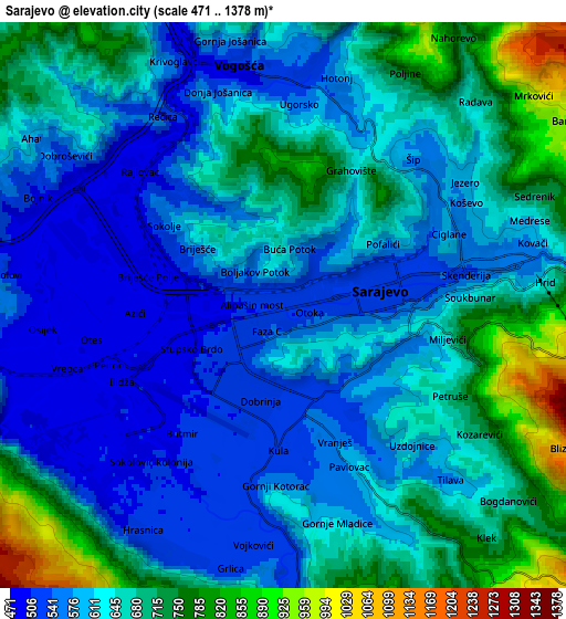 Zoom OUT 2x Sarajevo, Bosnia and Herzegovina elevation map