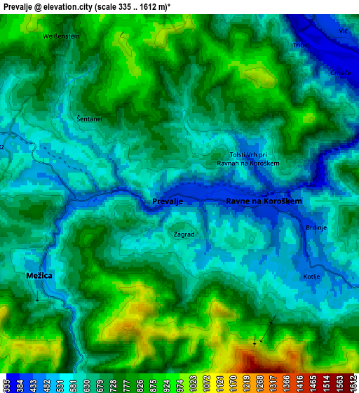 Zoom OUT 2x Prevalje, Slovenia elevation map