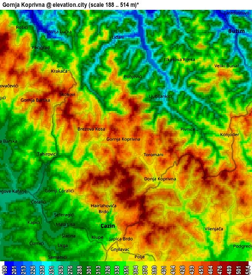 Zoom OUT 2x Gornja Koprivna, Bosnia and Herzegovina elevation map
