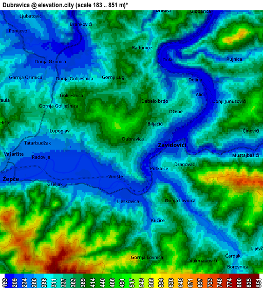 Zoom OUT 2x Dubravica, Bosnia and Herzegovina elevation map
