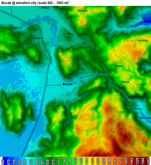 Zoom OUT 2x Bucak, Turkey elevation map