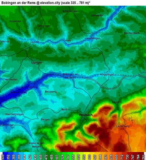 Zoom OUT 2x Böbingen an der Rems, Germany elevation map