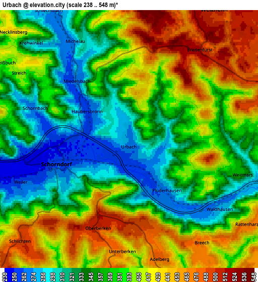 Zoom OUT 2x Urbach, Germany elevation map