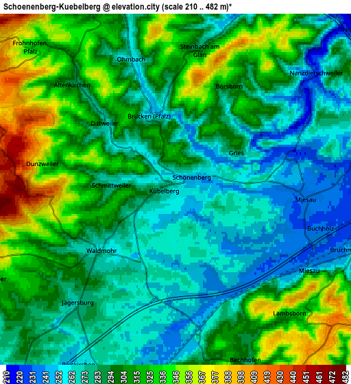 Zoom OUT 2x Schönenberg-Kübelberg, Germany elevation map