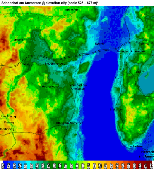 Zoom OUT 2x Schondorf am Ammersee, Germany elevation map