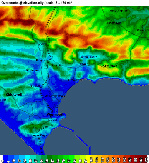 Zoom OUT 2x Overcombe, United Kingdom elevation map