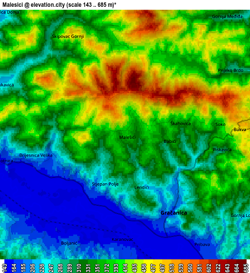 Zoom OUT 2x Malešići, Bosnia and Herzegovina elevation map