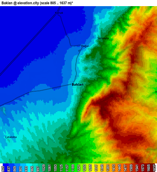 Zoom OUT 2x Baklan, Turkey elevation map