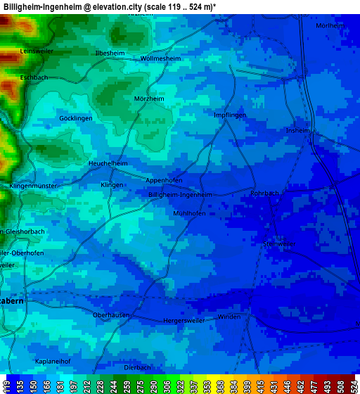 Zoom OUT 2x Billigheim-Ingenheim, Germany elevation map