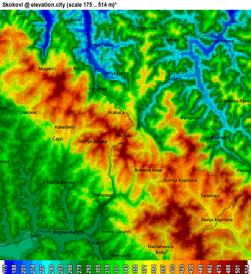 Zoom OUT 2x Skokovi, Bosnia and Herzegovina elevation map