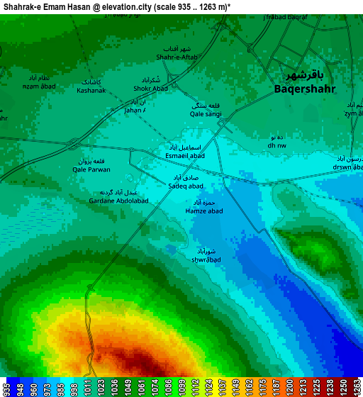 Zoom OUT 2x Shahrak-e Emām Ḩasan, Iran elevation map