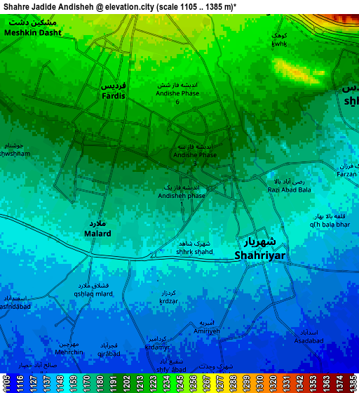 Zoom OUT 2x Shahre Jadide Andisheh, Iran elevation map
