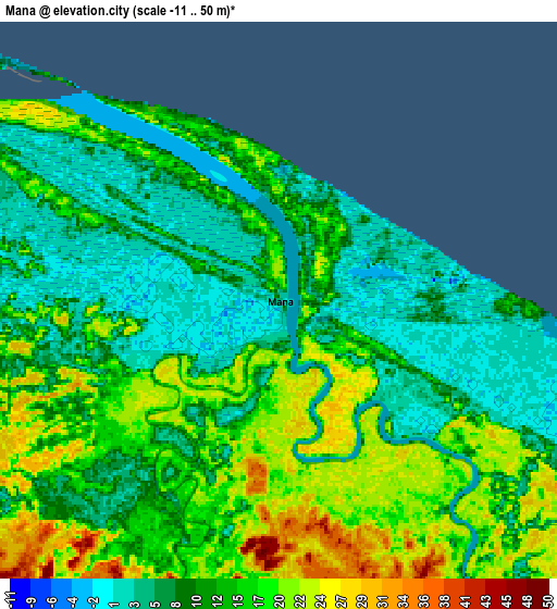 Zoom OUT 2x Mana, French Guiana elevation map