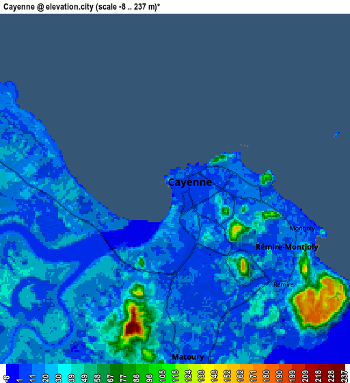 Zoom OUT 2x Cayenne, French Guiana elevation map