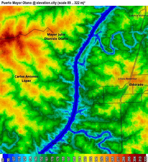 Zoom OUT 2x Puerto Mayor Otaño, Paraguay elevation map