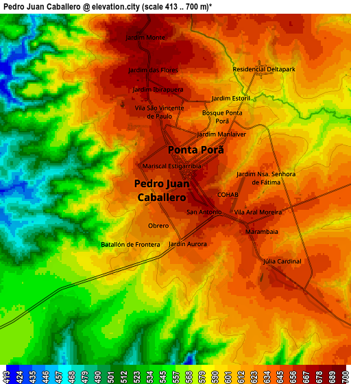 Zoom OUT 2x Pedro Juan Caballero, Paraguay elevation map