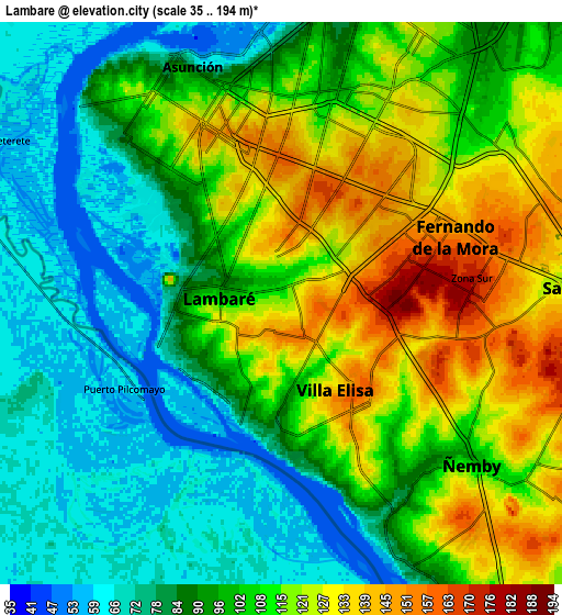 Zoom OUT 2x Lambaré, Paraguay elevation map