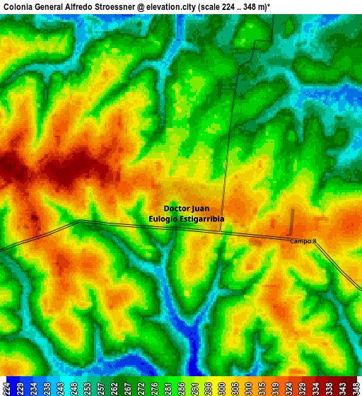 Zoom OUT 2x Colonia General Alfredo Stroessner, Paraguay elevation map