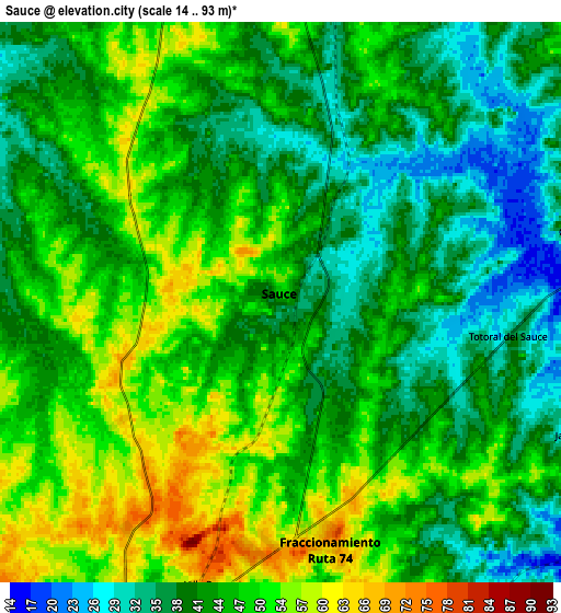 Zoom OUT 2x Sauce, Uruguay elevation map