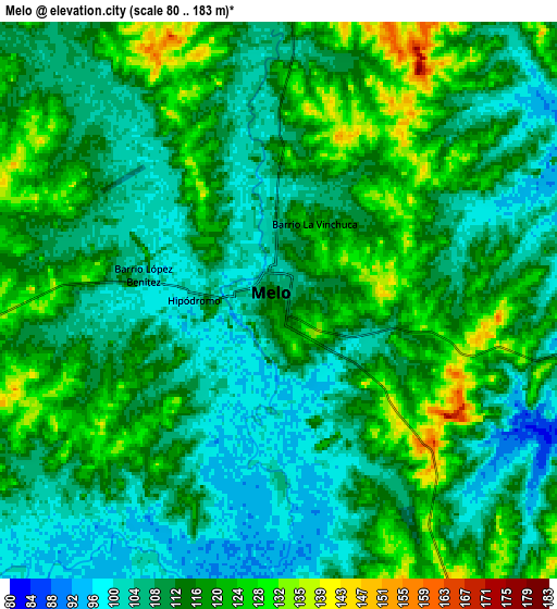 Zoom OUT 2x Melo, Uruguay elevation map