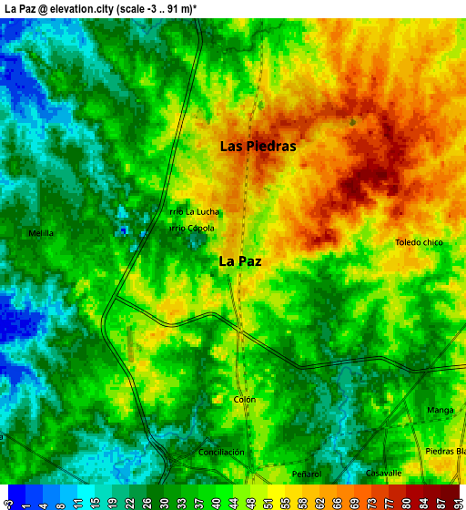 Zoom OUT 2x La Paz, Uruguay elevation map