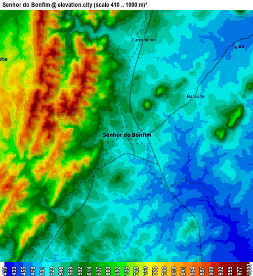 Zoom OUT 2x Senhor do Bonfim, Brazil elevation map