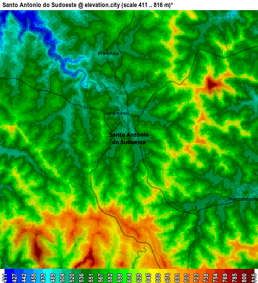 Zoom OUT 2x Santo Antônio do Sudoeste, Brazil elevation map