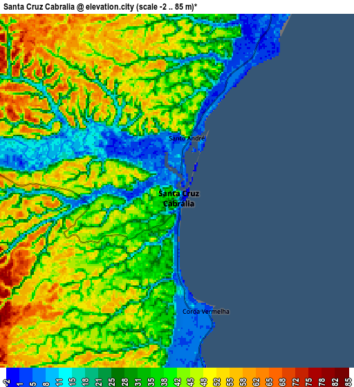 Zoom OUT 2x Santa Cruz Cabrália, Brazil elevation map