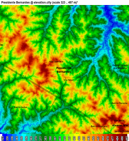 Zoom OUT 2x Presidente Bernardes, Brazil elevation map