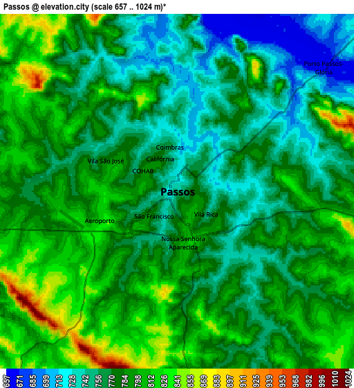 Zoom OUT 2x Passos, Brazil elevation map