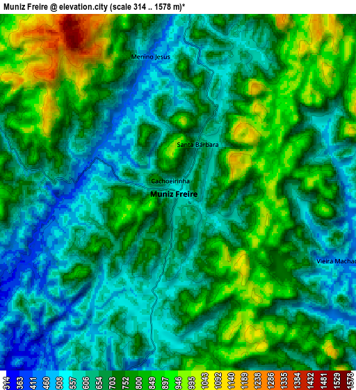 Zoom OUT 2x Muniz Freire, Brazil elevation map