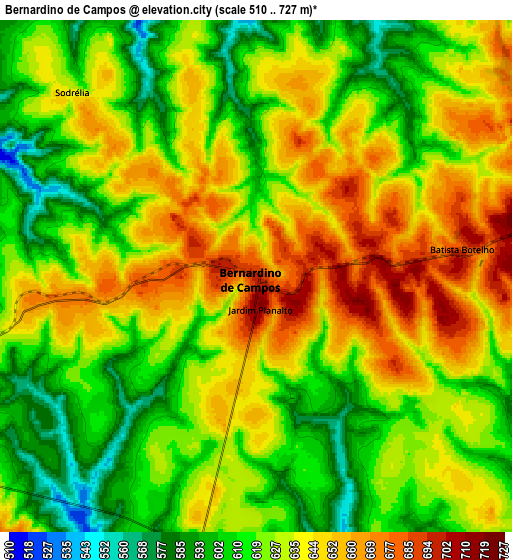 Zoom OUT 2x Bernardino de Campos, Brazil elevation map