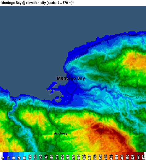 Zoom OUT 2x Montego Bay, Jamaica elevation map
