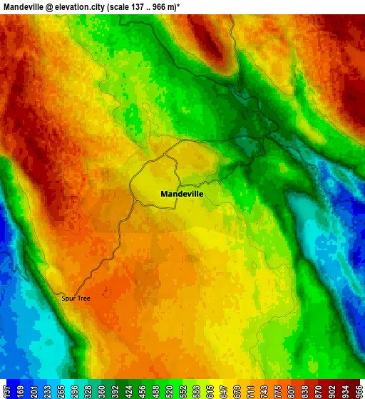 Zoom OUT 2x Mandeville, Jamaica elevation map