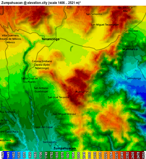 Zoom OUT 2x Zumpahuacán, Mexico elevation map